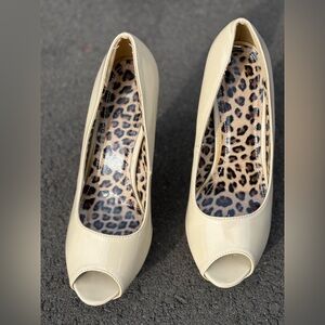Cream Patent Peep-Toe Heels with Leopard Insole
